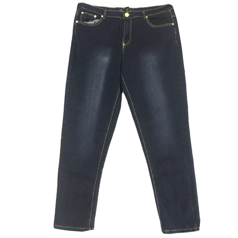 Womens 20 OUT JEANS Black Yellow Stitch Button‎ Bling Embroider Skinny Stretch